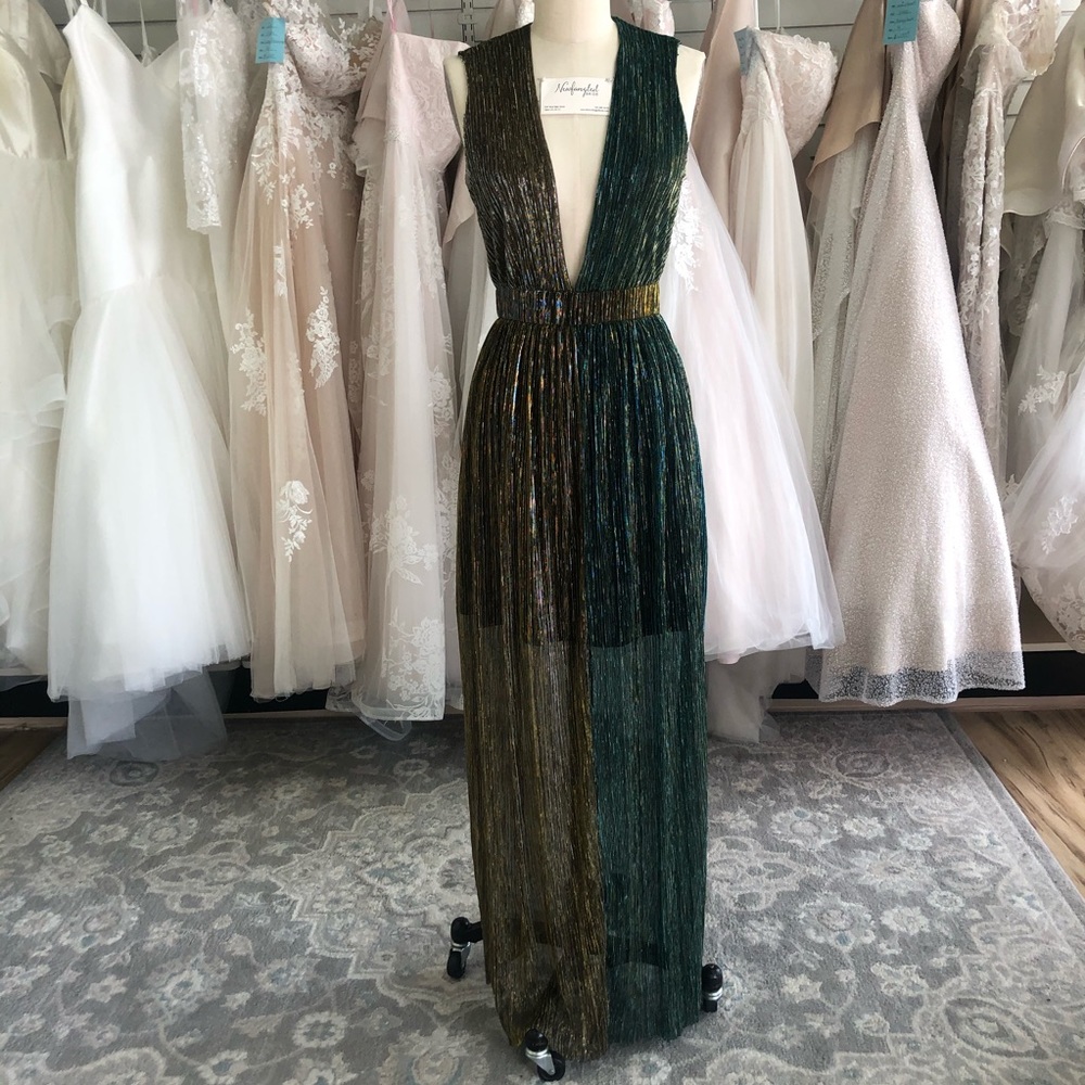 Metallic Turquoise and Gold Plunging Neckline Gown